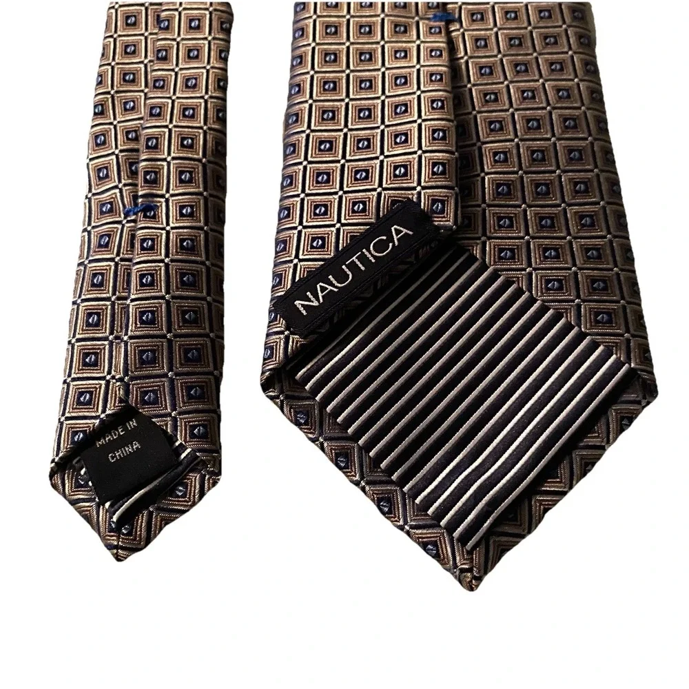 Nautica Men's 100% Silk Neck Tie Geometric Squares Gold‎ & Blue 58